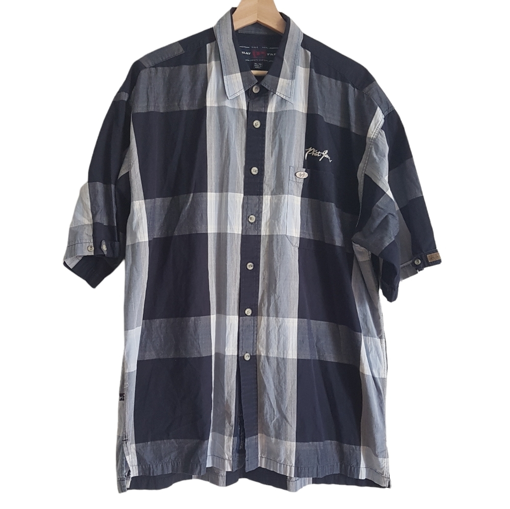 Vintage Phat Farm Blue Button Down Short Sleeve 90s Logo Hip Hop Plaid Size XL